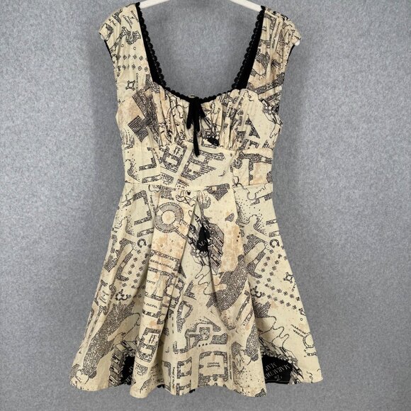 Harry Potter Marauders Map Dress Size S Black Cream Corset Sweetheart Milkmaid - Picture 1 of 15